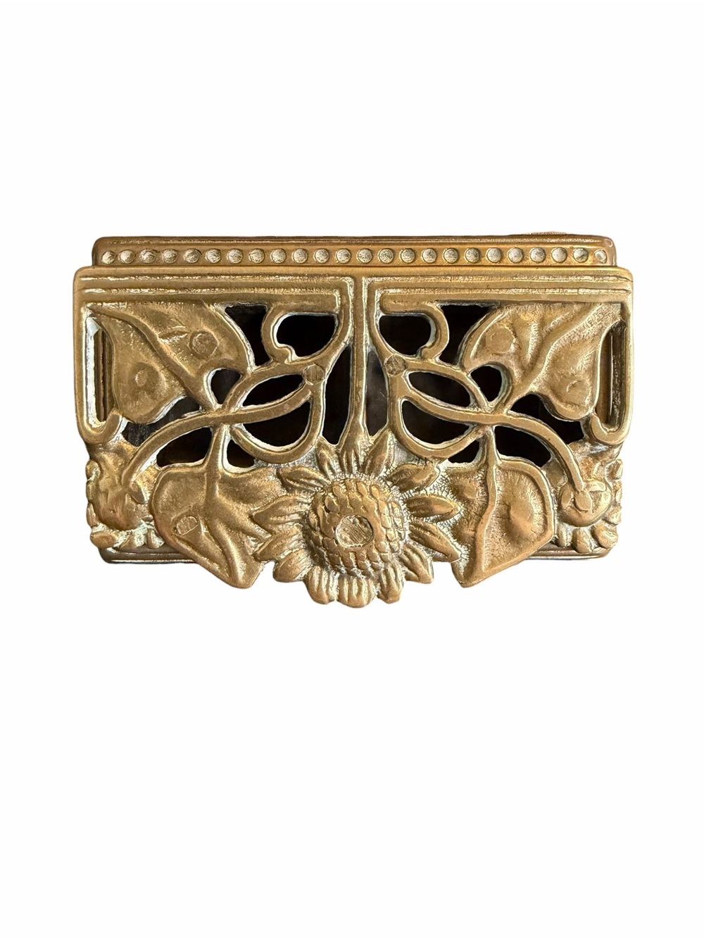 Vintage Brass Sunflower Stamp Box Hinged Desk Organizer Trinket Box